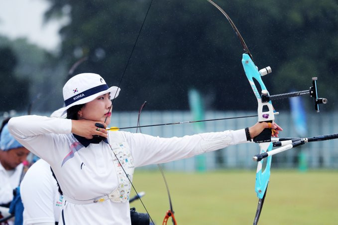 Jeon Ina of South Korea shot the second-highest women's recurve score of the year to top the qualification round in Tokyo ©World Archery