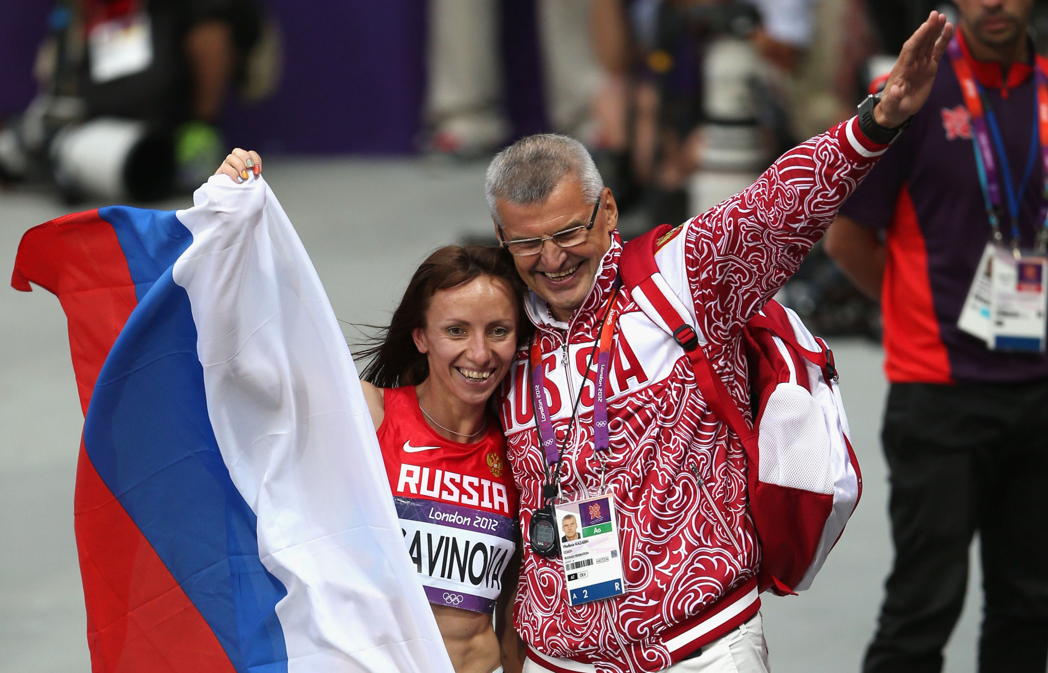 Vladimir Kazarin, pictured with Maria Savinova at London 2012 after she won the 800 metres - a title she was subsequently stripped of for doping - was banned from athletics for life in 2017 ©Getty Images