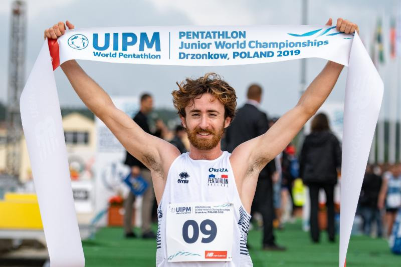 France's Jean-Baptiste Mourcia celebrates winning the gold medal in the individual men's event at the UIPM Pentathlon Junior World Championships in Drzonkow ©UIPM