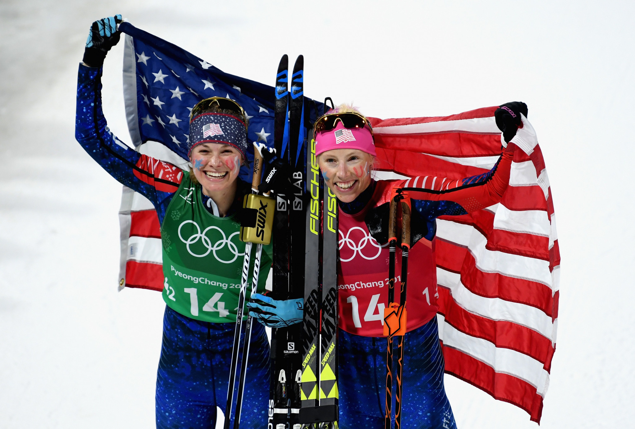 Jessica Diggins and Kikkan Randall won the United States' first Olympic gold medal in the sport at Pyeongchang 2018 ©Getty Images