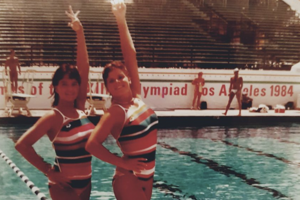 Nicole Hoevertsz, right, during the Los Angeles 1984 Olympics where she competed as a synchronised swimmer ©Panam Sports