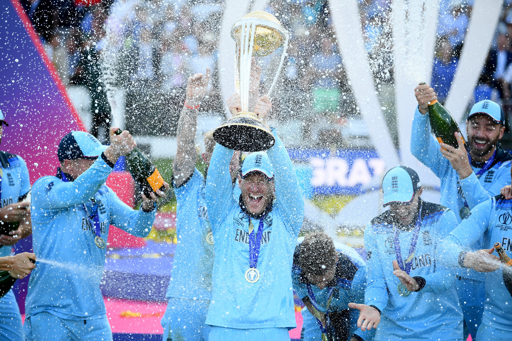 England captain Eoin Morgan lifts the ICC Men's World Cup after his team had beaten New Zealand in a dramatic final at Lord's in London ©Getty Images