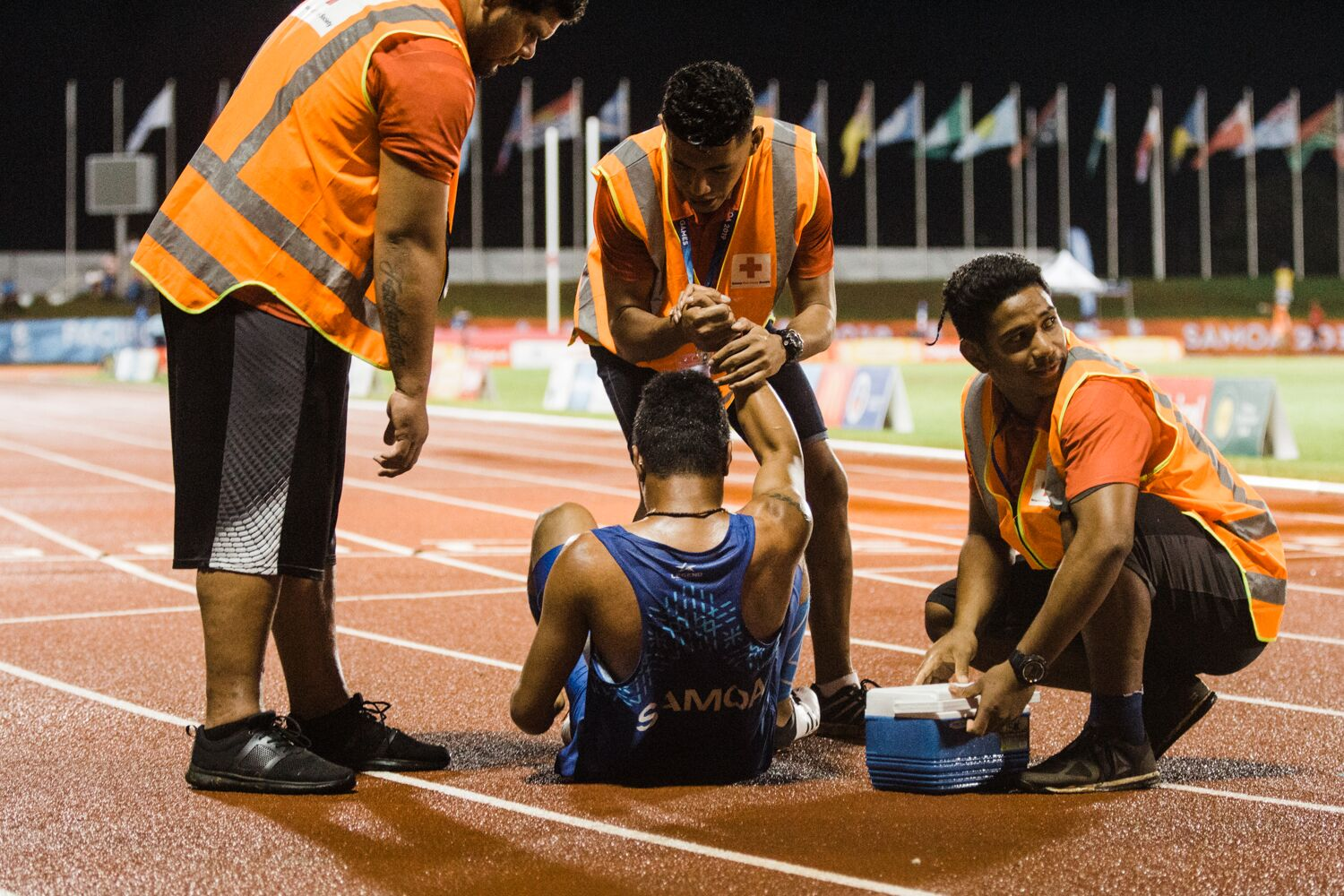 Qualification in the men's 100m began with occasionally painful effects ©Pacific Games News Service