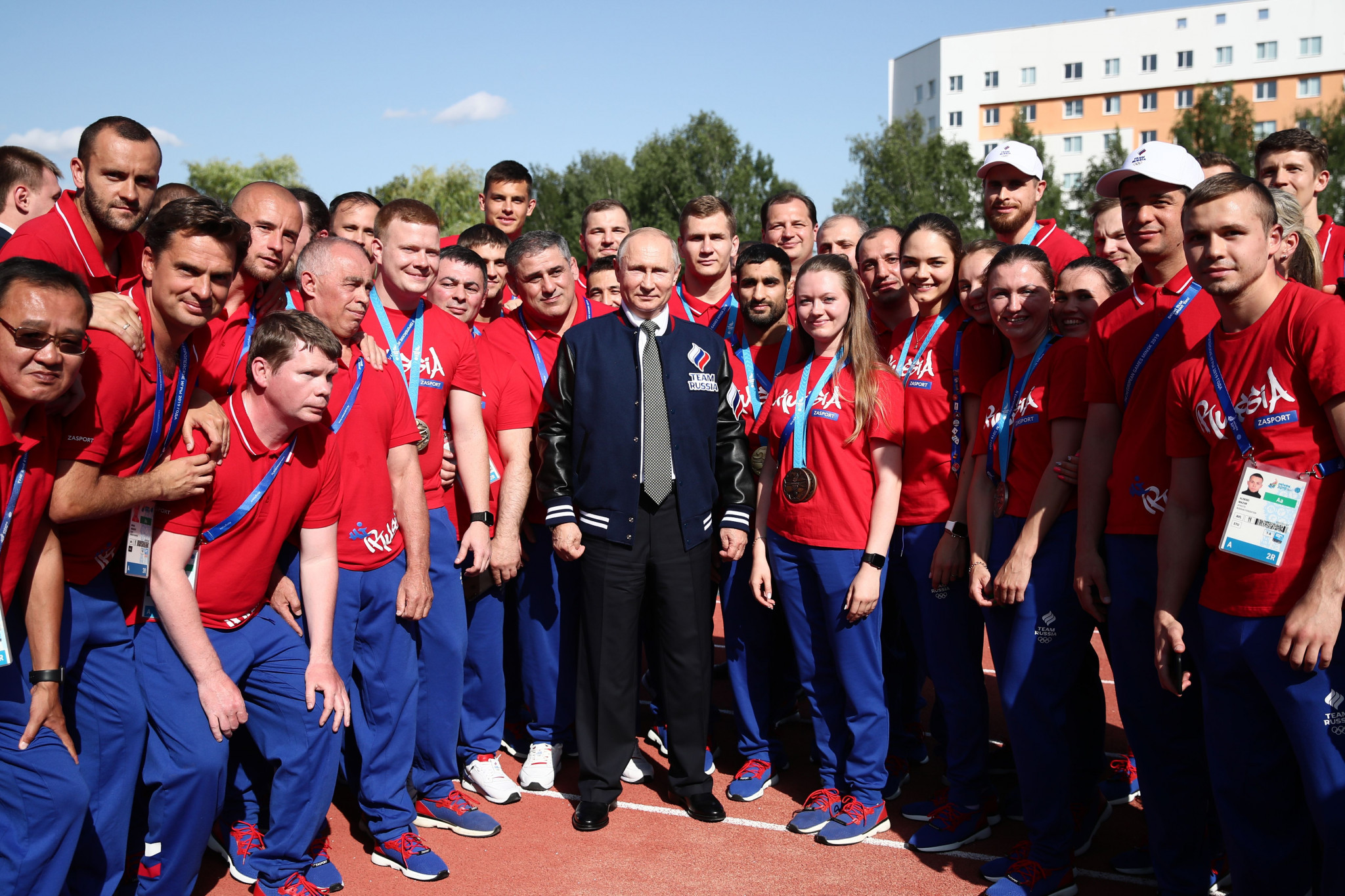 Russian President Vladimir Putin, pictured here with athletes during the recently-concluded European Games in Minsk, has ordered the ROC to ensure the IAAF ban imposed on the country is lifted by the end of the year ©Getty Images