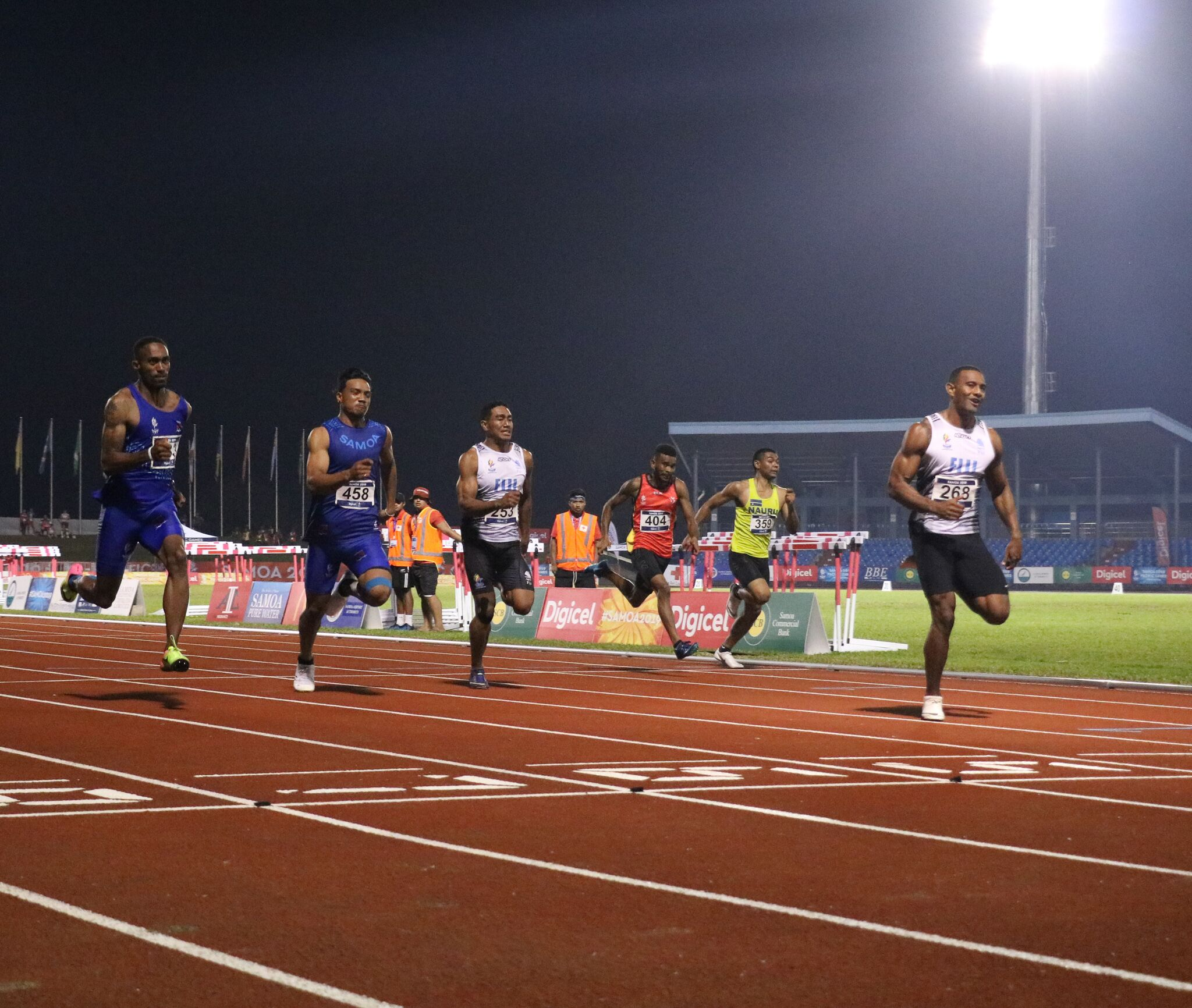 Fiji's Banuve Tabakaucoro won the men's 100m for the third straight Pacific Games ©Pacific Games News Service/Roland Setu