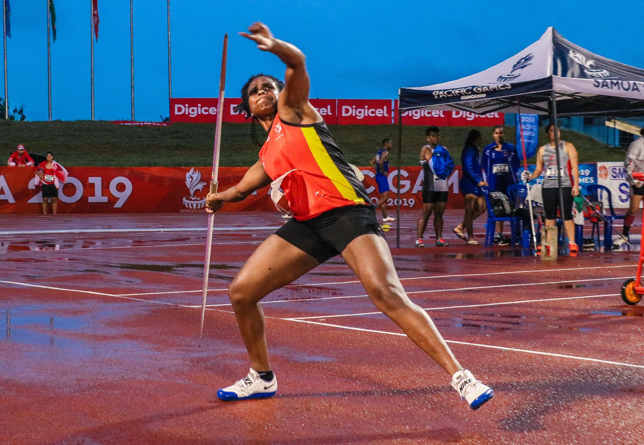 Sharon Toako took gold in a dramatic women’s javelin competition that had to be paused due to heavy rain ©Samoa 2019