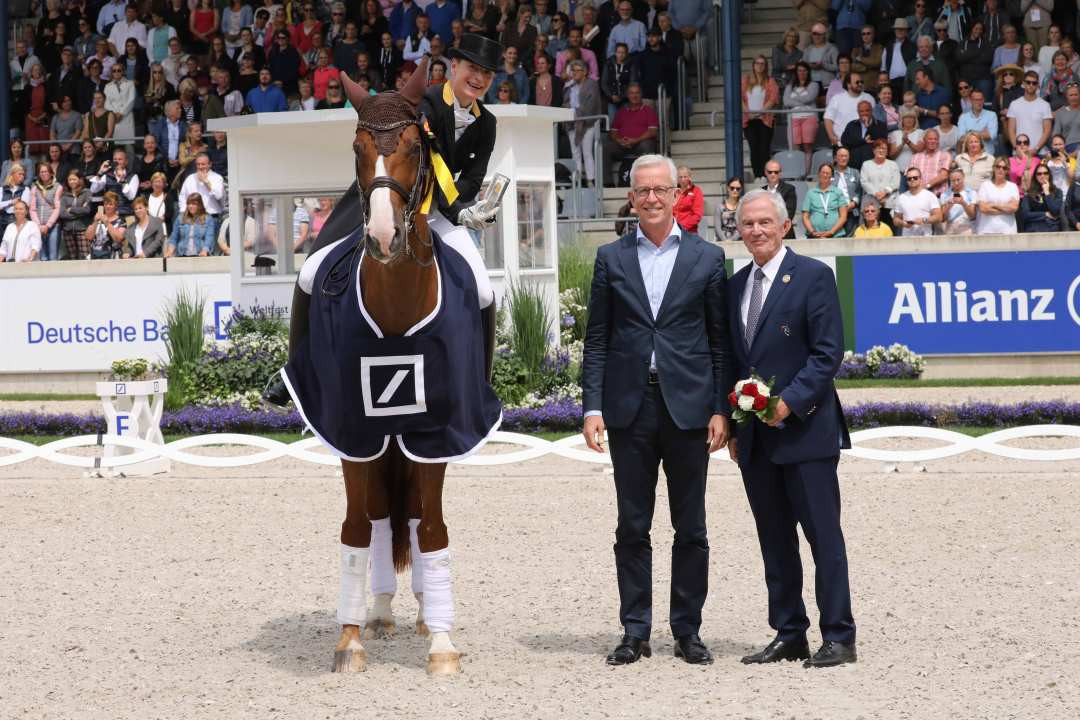 Isabelle Werth, on Bella Rose, celebrates a 50th birthday win in the Main Arena at the World Equestrian Festival in Aachen ©CHIO Aachen
