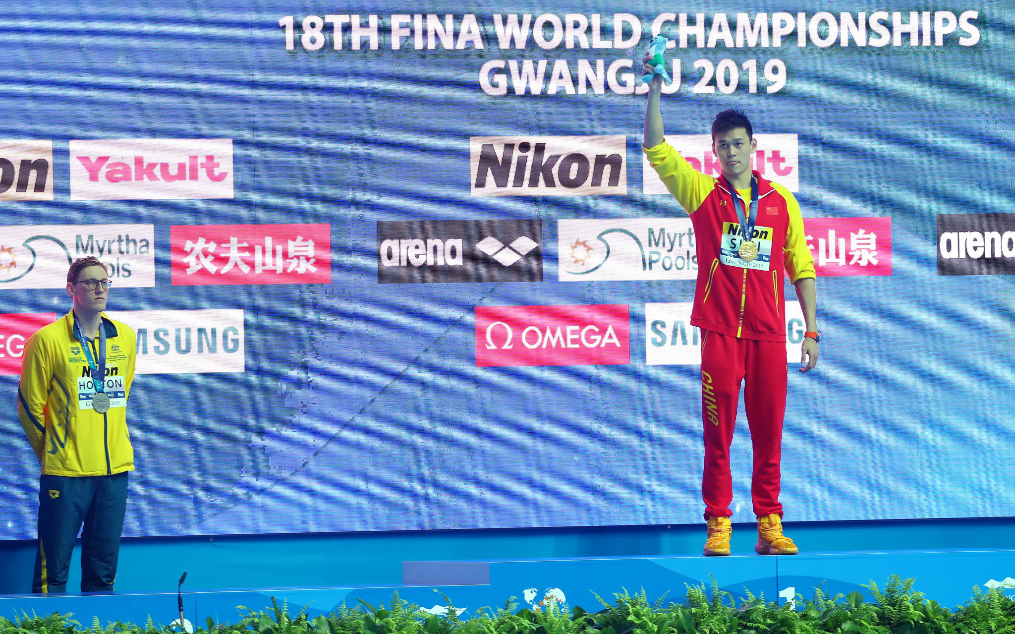 Australia's Mack Horton, left, refused to stand on the medal podium alongside China's controversial Sun Yang after the 400m freestyle in Gwangju ©Getty Images