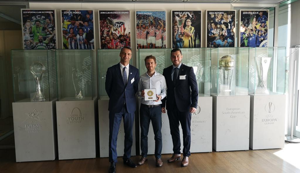 In attendance on behalf of EUSA was sports manager Besim Aliti, right, and futsal technical delegate Tomasz Aftański, left, who met with UEFA’s chief policy and stakeholder affairs advisor Julien Zylberstein, centre ©EUSA