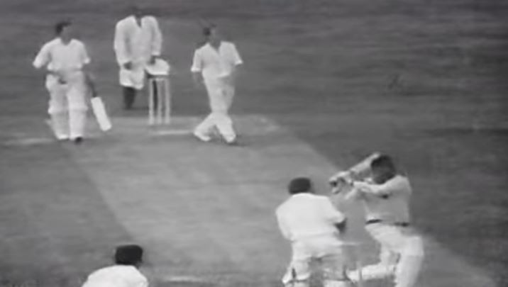 Glamorgan's Malcolm Nash, top centre, watches Garry Sobers smash the last ball of his over for a world record sixth six at Swansea in August 1968 ©YouTube