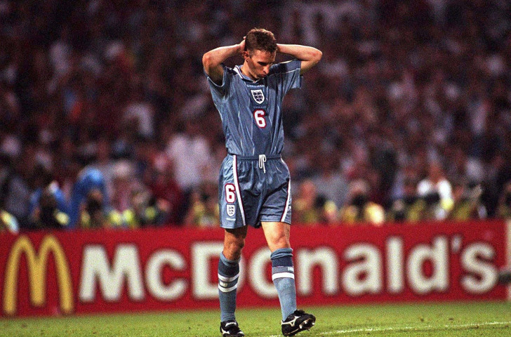 Gareth Southgate pictured after missing the decisive spot kick in England's penalty shoot-out against Germany at Wembley in the semi-finals of the 1996 Euro Championships ©Getty Images
