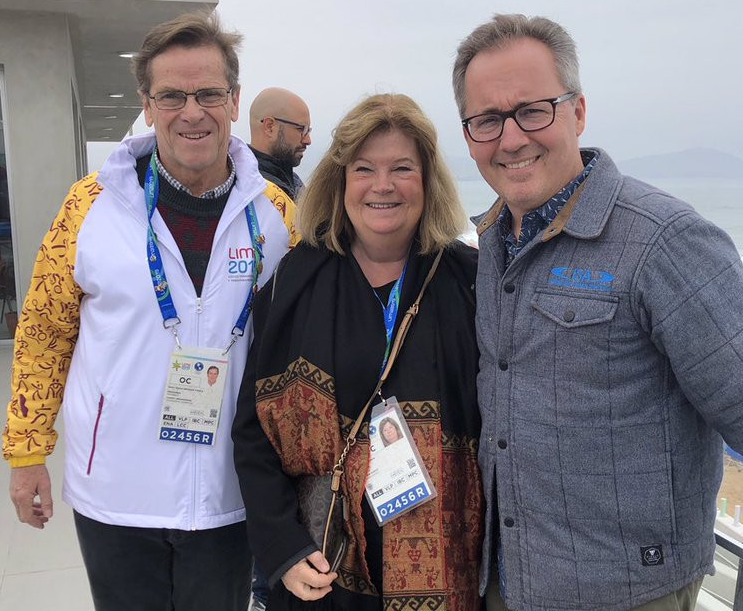 ANOC secretary general Gunilla Lindberg joined ISA executive director Robert Fasulo at Lima 2019 surfing competition where the sport's participation in the World Beach Games has been discussed ©Twitter/Robert Fasulo