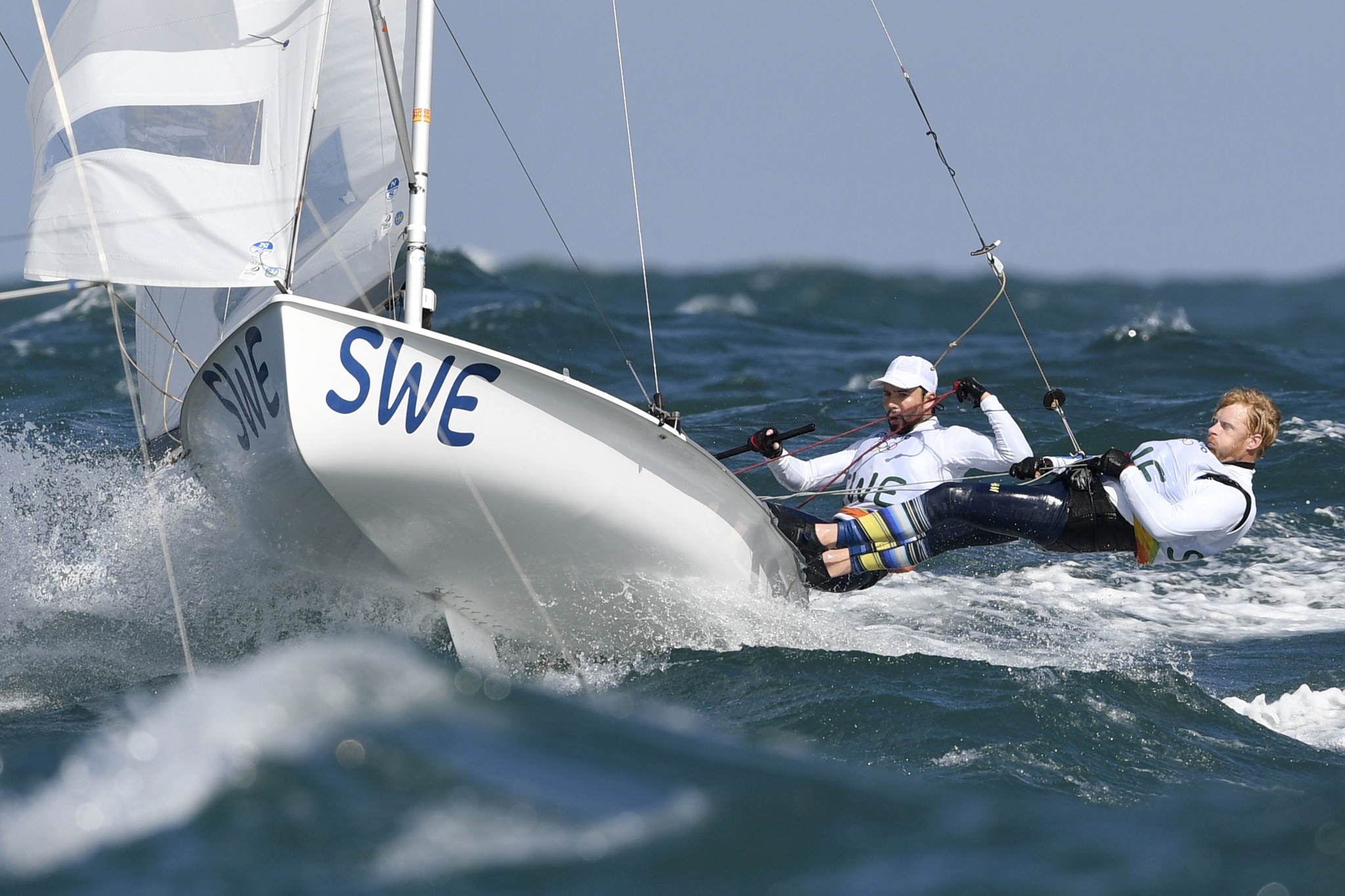 Sweden’s Anton Dahlberg Dahlberg and Fredrik Bergström hold the overall lead in the men’s event after the first day of racing at the 470 World Championships on Enoshima Bay in Japan ©Getty Images