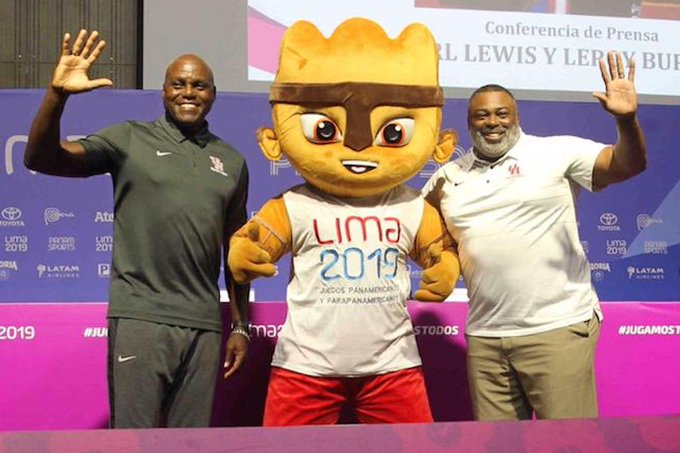 Carl Lewis attended the Lima 2019 press conference alongside fellow American former athlete Leroy Burrell ©Lima 2019
