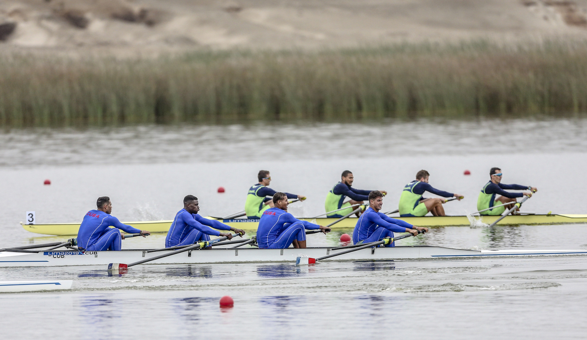 The first medals of the rowing competition were awarded, with four finals taking place ©Lima 2019
