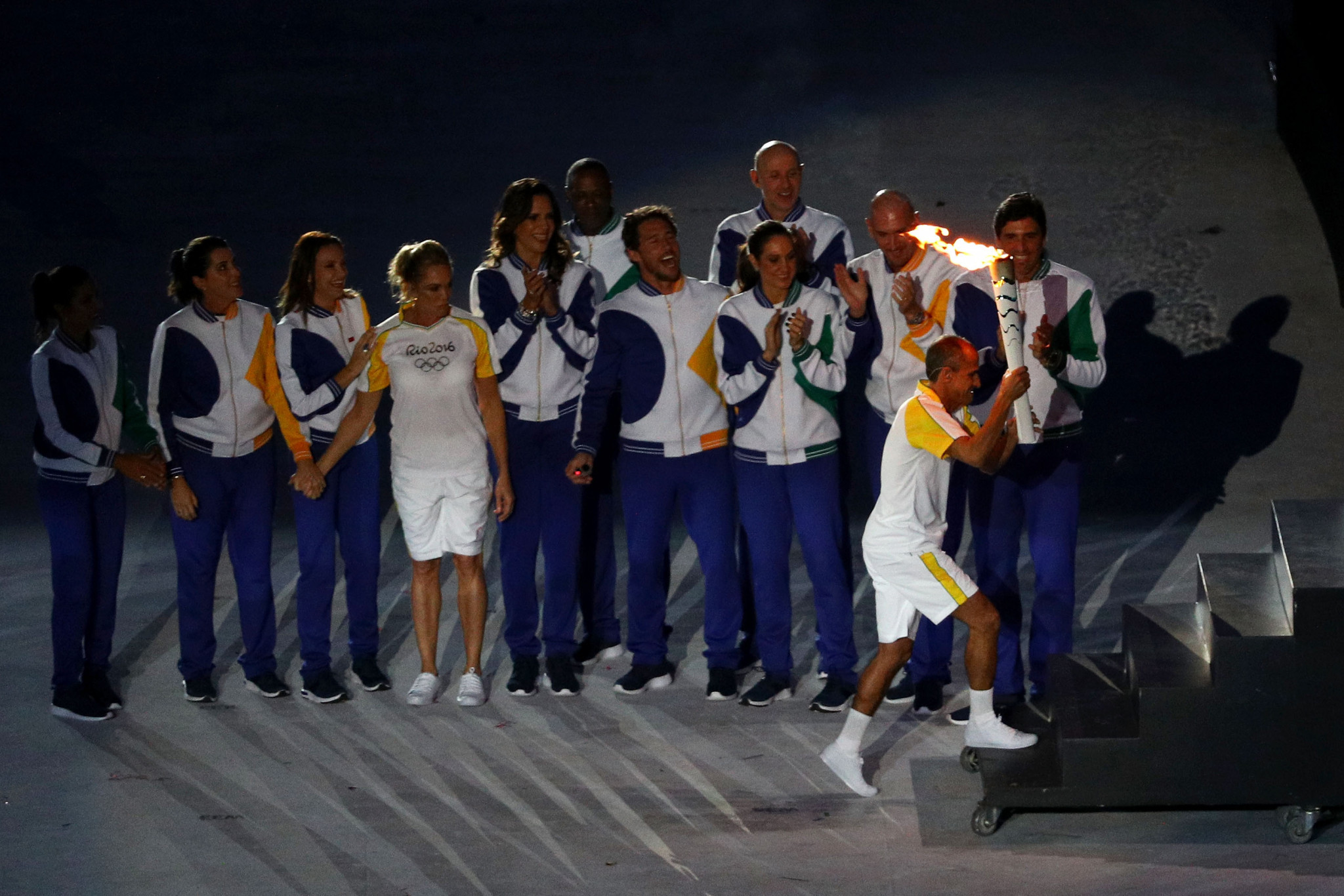 Former Brazilian athlete Vanderlei Cordeiro de Lima lights the Olympic cauldron with the Olympic torch during the opening ceremony of the Rio 2016 Olympic Games ©Getty Images
