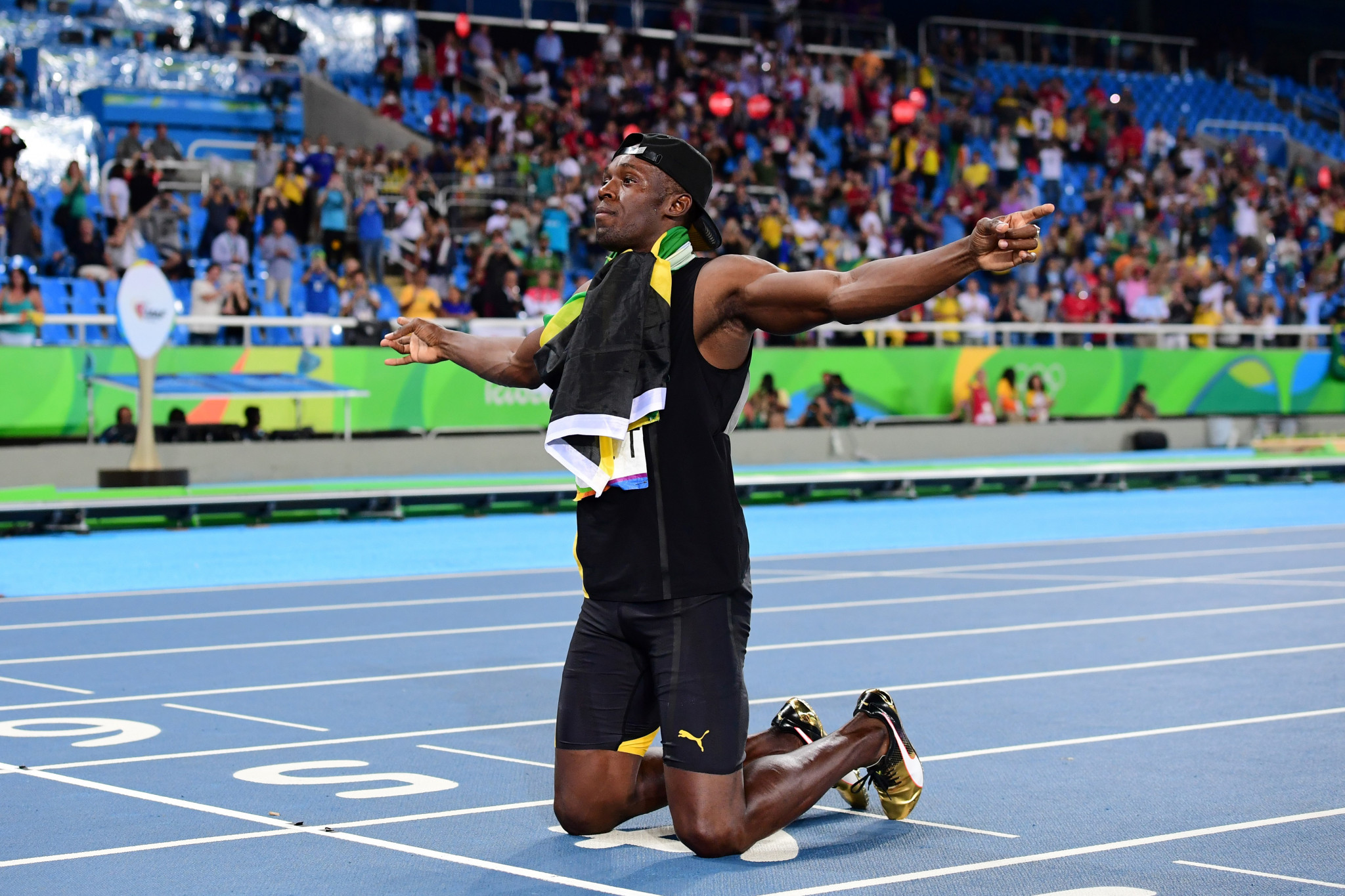 Jamaica's Usain Bolt celebrates his team's victory at the end of the Men's 4x100m Relay Final during the athletics event at the Rio 2016 Olympic Games at the Olympic Stadium in Rio de Janeiro ©Getty Images