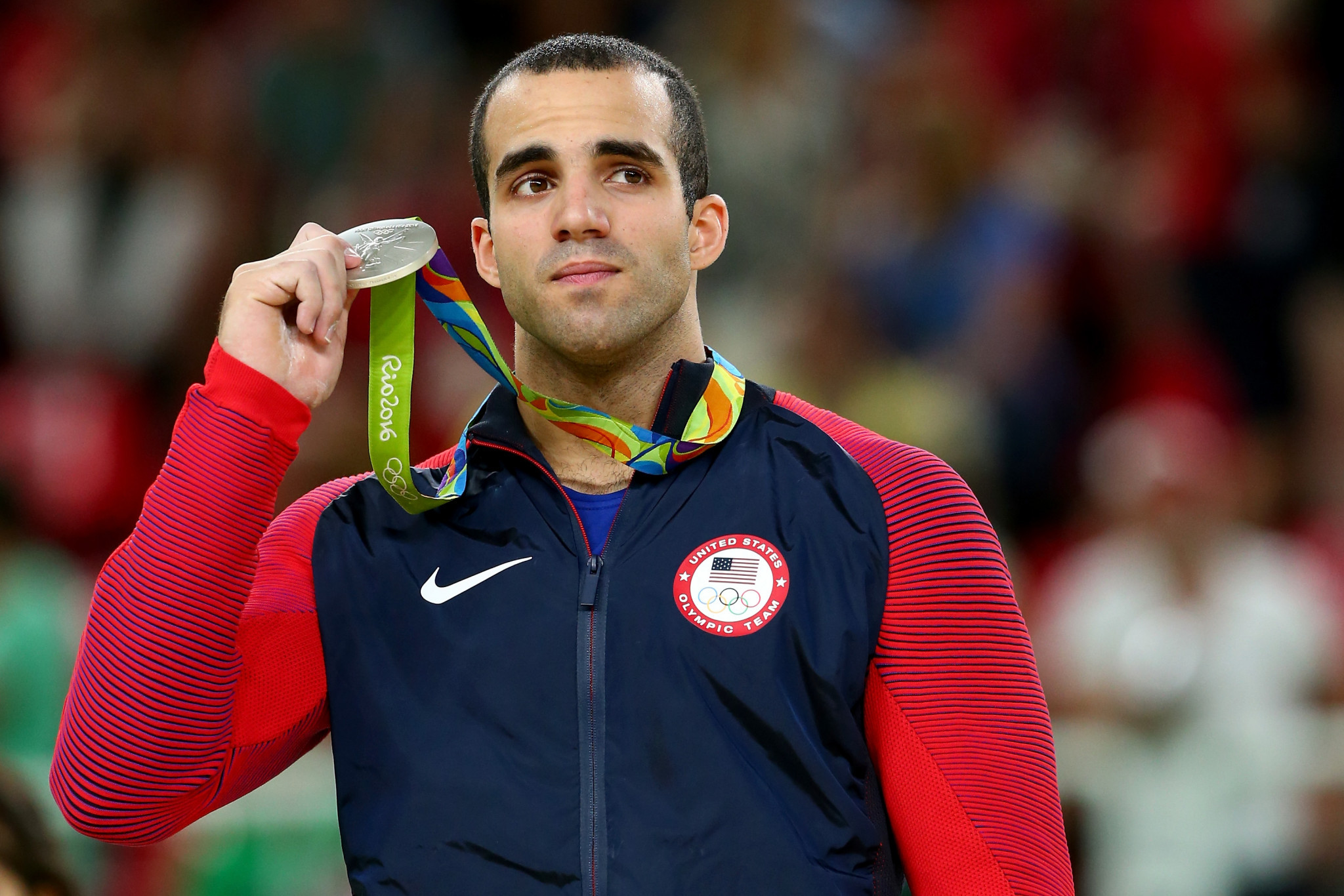 Silver medalist Danell Leyva of the United States celebrates on the podium at the medal ceremony for the Horizontal Bar on Day 11 of the Rio 2016 Olympic Games ©Getty Images