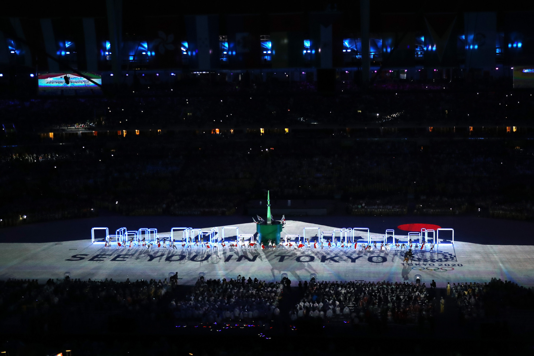 A projection onto the playing field announces the Tokyo 2020 Olympic Games during the closing ceremony of the Rio 2016 Olympic Games ©Getty Images
