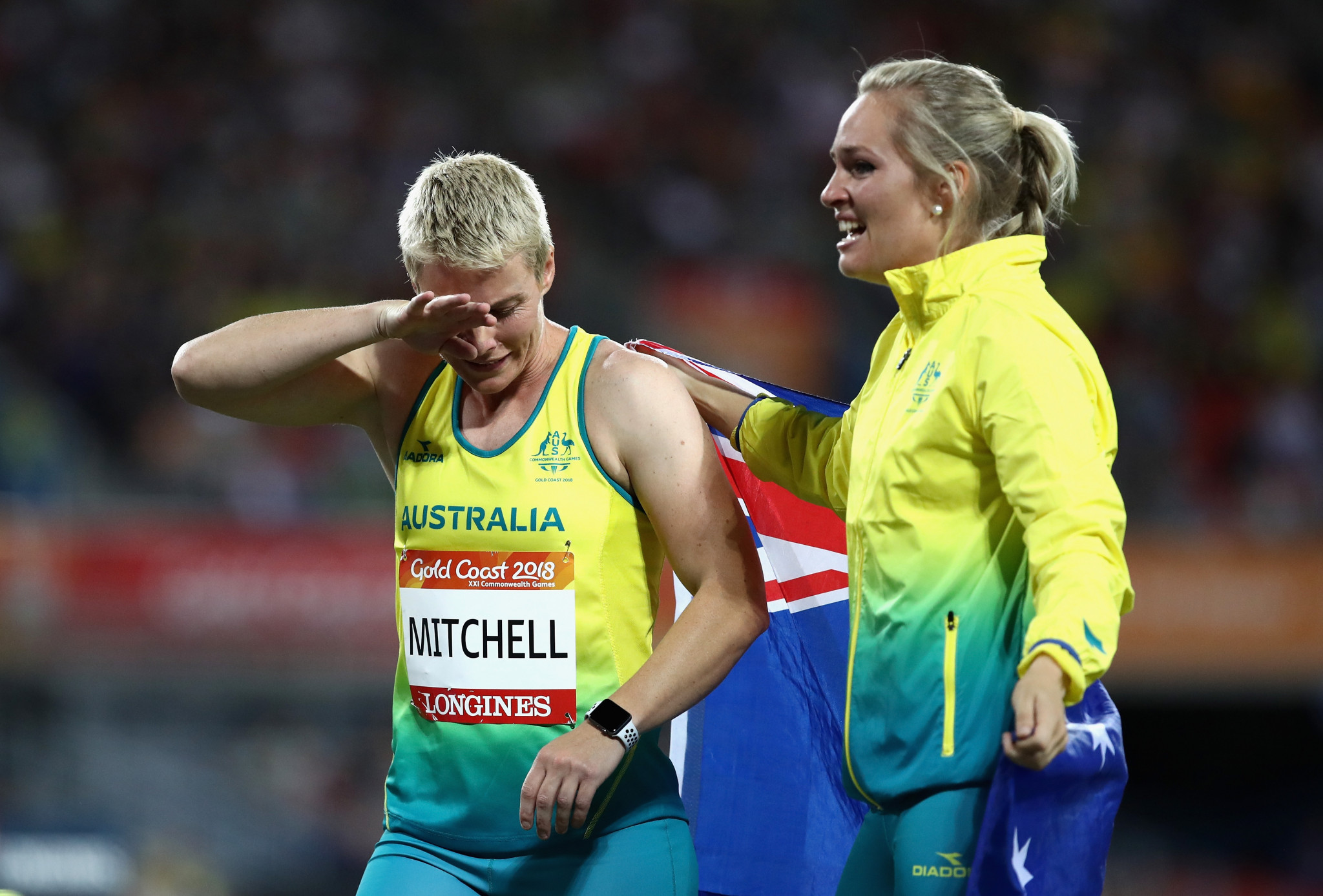 Kathryn Mitchell of Australia is congratulated as she wins gold by silver medallist Kelsey-Lee Roberts of Australia in the Women's Javelin final during athletics on day seven of the Gold Coast 2018 Commonwealth Games ©Getty Images