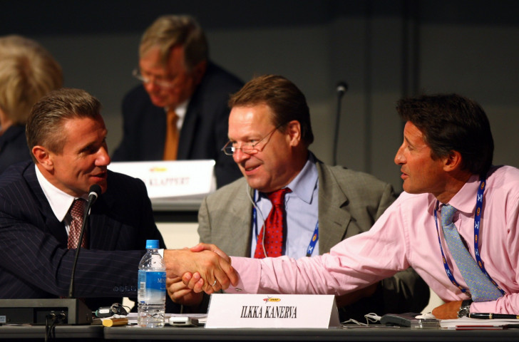 Sergey Bubka (left) and Sebastian Coe shake hands after being voted in as Vice Presidents of the IAAF at the 2007 Congress in Osaka. Now for the Presidential competition