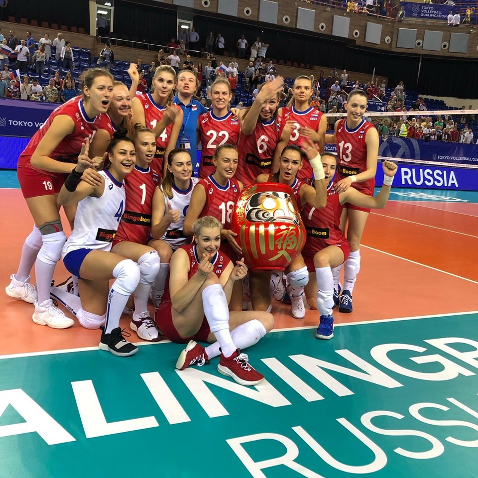 Russia's women's team celebrate after qualifying for Tokyo 2020 unaware that their head coach Sergio Busato was about to get drawn into a major racism row following a slant-eyed gesture ©Facebook