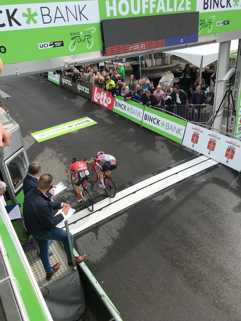 Belgium’s Tim Wellens edged Switzerland’s Marc Hirschi in a photo finish to take stage four of the BinckBank Tour and claim the overall lead ©BinckBank Tour/Twitter
