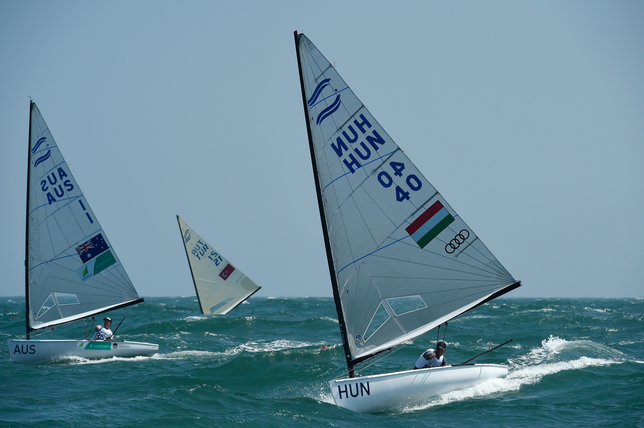 Zsombor Berecz of Hungary has a useful lead in the finn class ©Getty Images