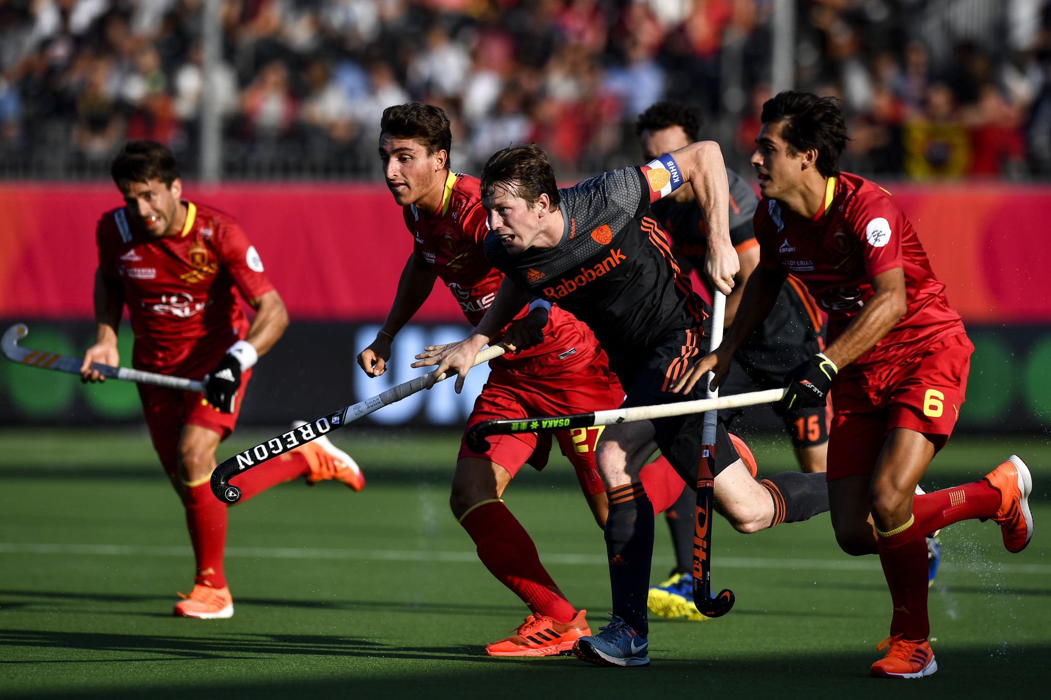 Spain's Marc Bolto, left, and Ignacio Rodriguez, right, fight for the ball with Seve Van Ass of The Netherlands ©Getty Images 