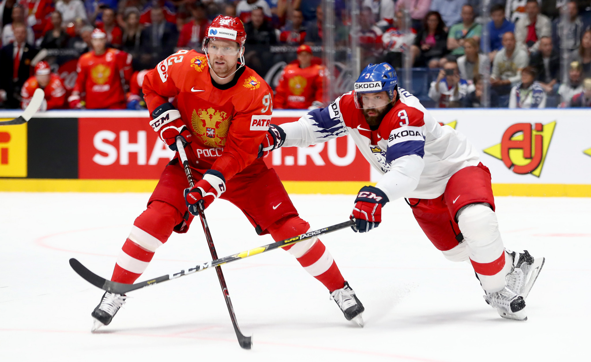 Evgeny Kuznetsov, left, tested positive after helping Russia beat Czech Republic in the bronze medal match at the World Championship in Slovakia ©Getty Images