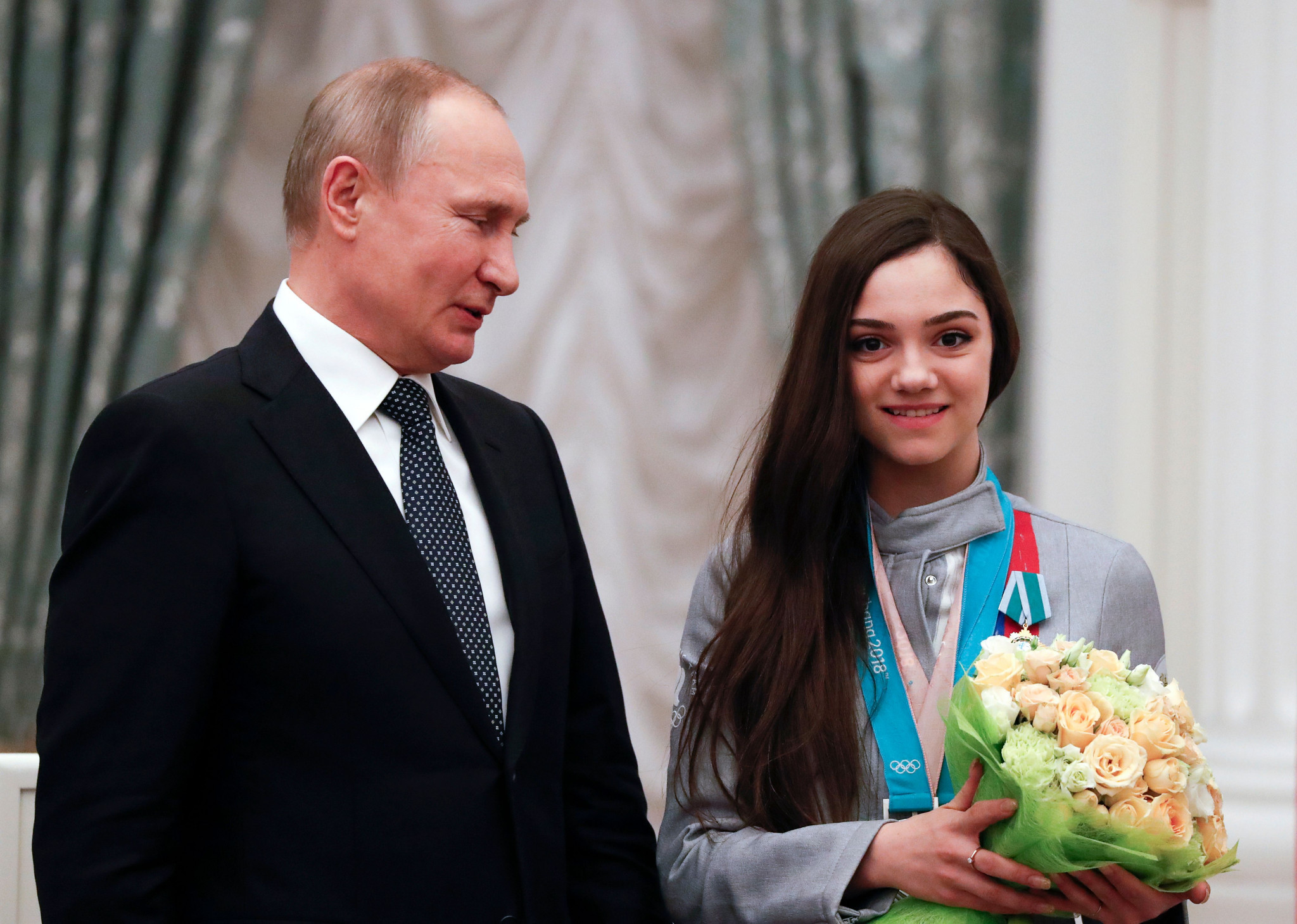Evgenia Medvedeva, seen here with Russian President Vladimir Putin, spoke in support of the country before Pyeongchang 2018 ©Getty Images