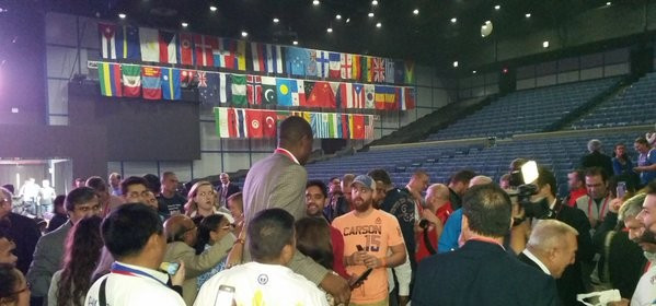 Fans gather round the towering figure of Mutombo after the Opening Ceremony ©Attila Adamfi/Twitter