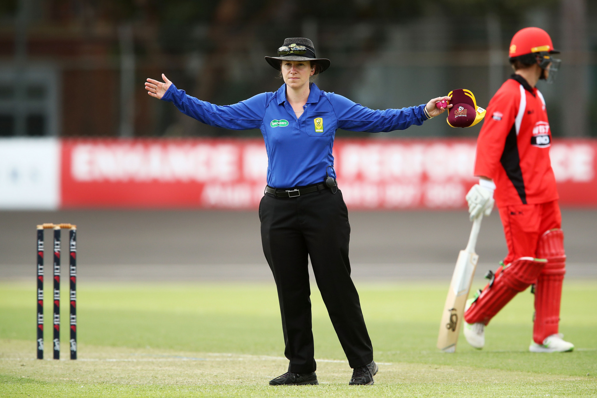 Claire Polosak became the first woman to umpire a men’s one-day international earlier this year, in Namibia ©Getty Images
