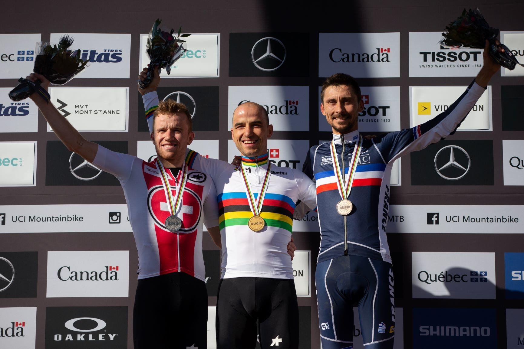 Nino Schurter of Switzerland celebrates an eighth UCI Mountain Bike World Championships cross-country title ©Twitter/ UCI