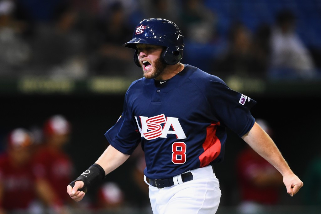 Infielder Tyler Pastornicky celebrates after scoring a run to make it 3-1 to the United States ©Getty Images