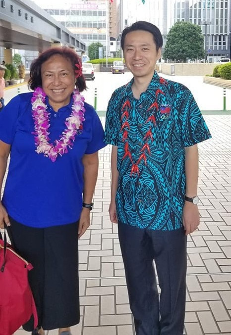 Samoan Chef de Mission Nynette Sass was greeted by Yamagata City mayor H. E. Sato ©Facebook/ SASANOC