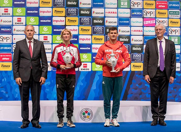 Sabrina Filzmoser and Ungvari Miklos have become the first ever recipients of the International Judo Federation Fair Play trophy ©IJF