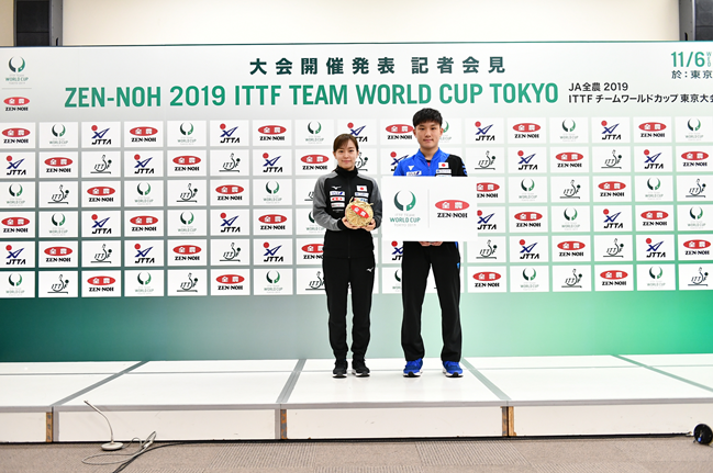 Japanese players Kasumi Ishikawa and Tomokazu Harimoto attended a press conference to announce the sponsorship ©ITTF
