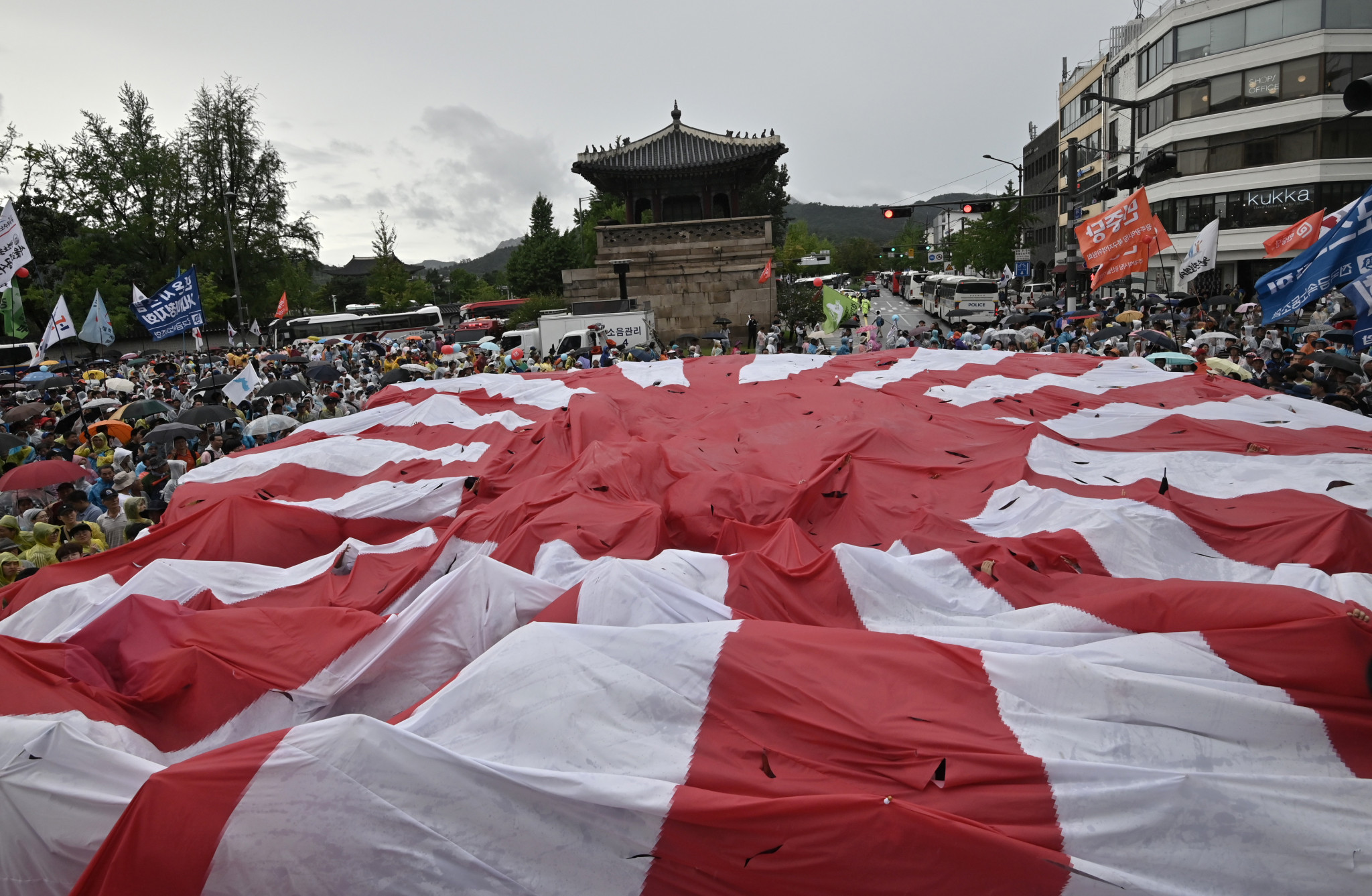 South Korean protesters destroyed a giant Rising Sun Flag last month ©Getty Images