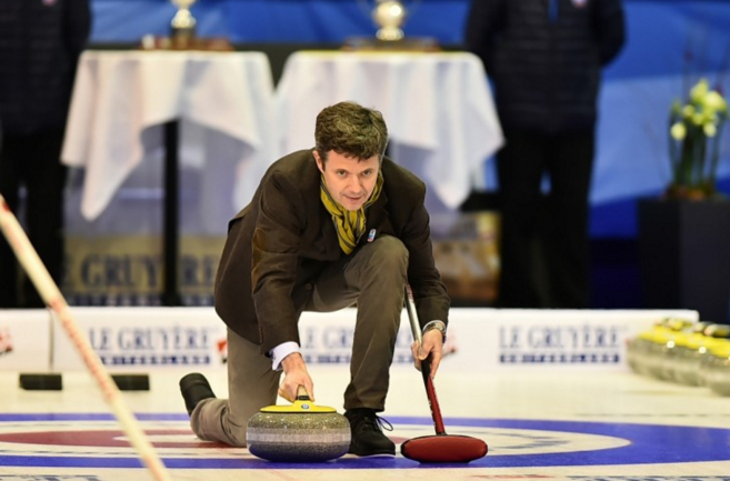 IOC member Prince Frederik of Denmark well-delivered ceremonial stone at the Opening Ceremony of the European Curling Championships