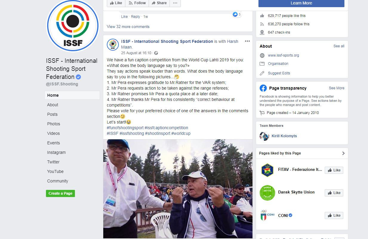 The International Shooting Sport Federation post on Facebook led to 139 comments and 245 reactions ©Facebook