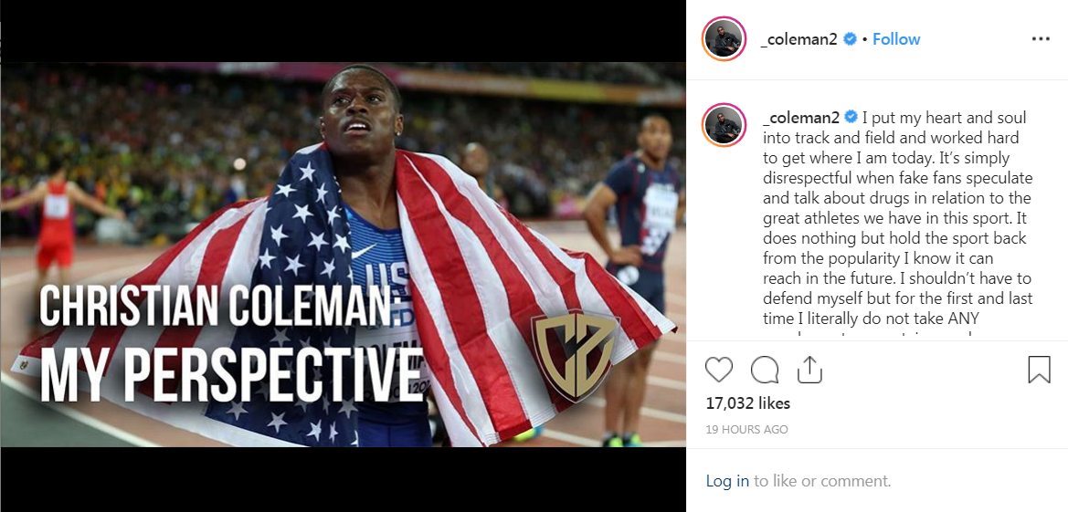 Christian Coleman took to Instagram to defend himself ©_coleman2/Instagram