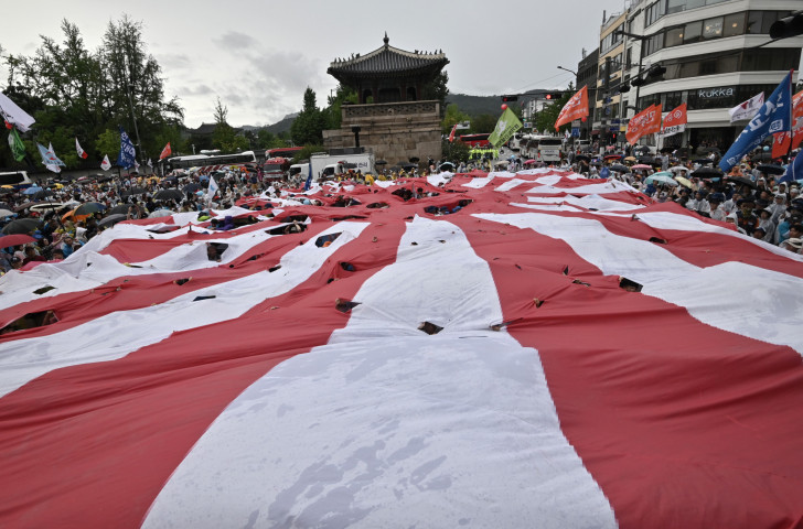 South Korean protesters tear a Rising Sun flag in August on the anniversary of the end of Japan's occupation of their country in 1945 ©Getty Images