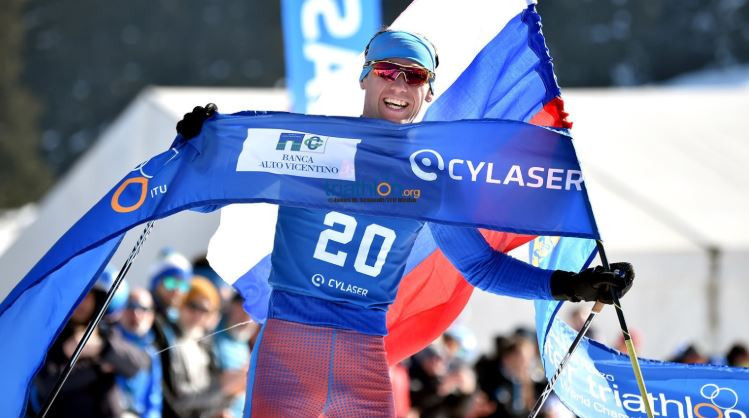 Pavel Andreev of Russia won the men's title for the seventh time at the 2019 Winter Triathlon World Championships in Asiago ©World Triathlon 