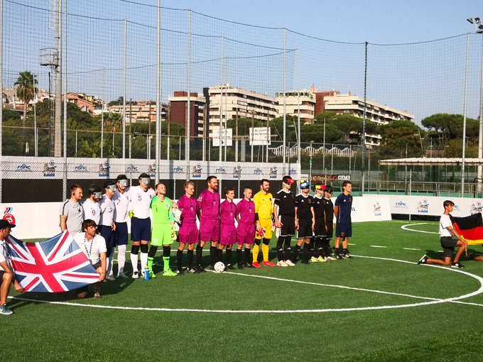 England and Germany line up before their match on the opening day of the IBSA Blind Football European Championships in Rome ©IBSA