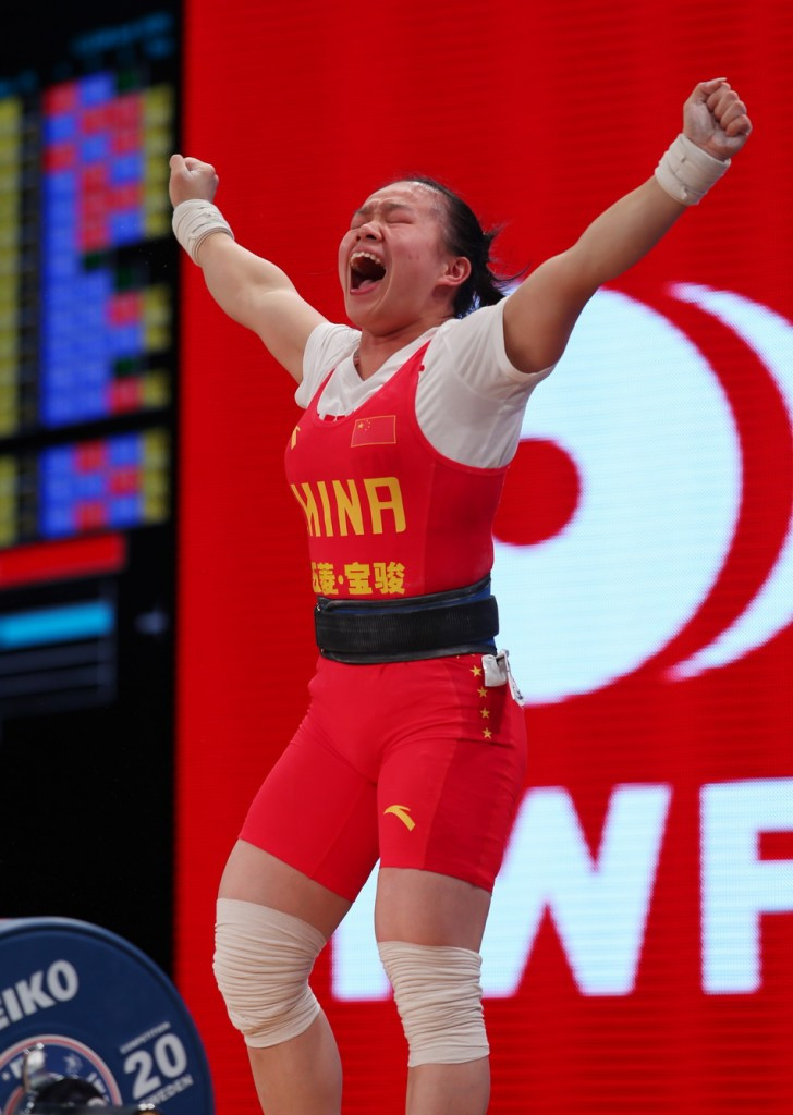 Teenager Jiang, gold medallist at the Nanjing 2014 Youth Olympic Games, celebrates her latest triumph ©IWF