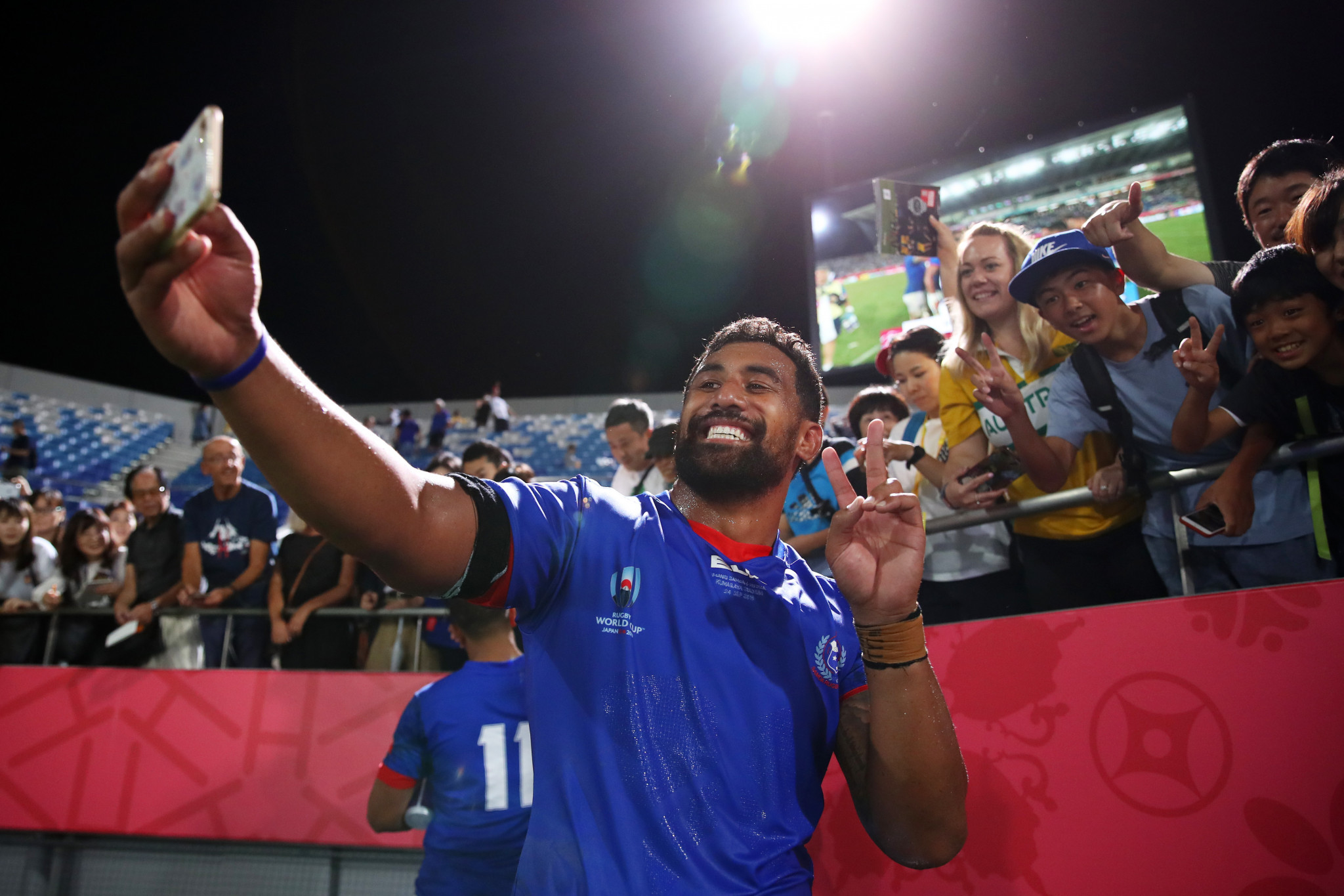 Samoa's Josh Tyrell had a great time celebrating the win ©Getty Images 