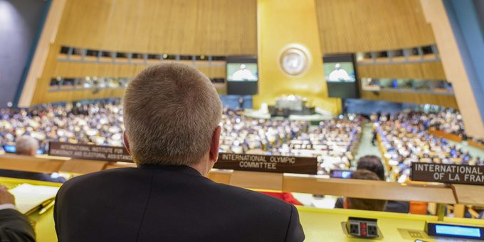 IOC President Thomas Bach attended the UN General Assembly in New York City where he held talks about a proposed joint bid from Korea for the 2032 Olympic and Paralympic Games ©IOC