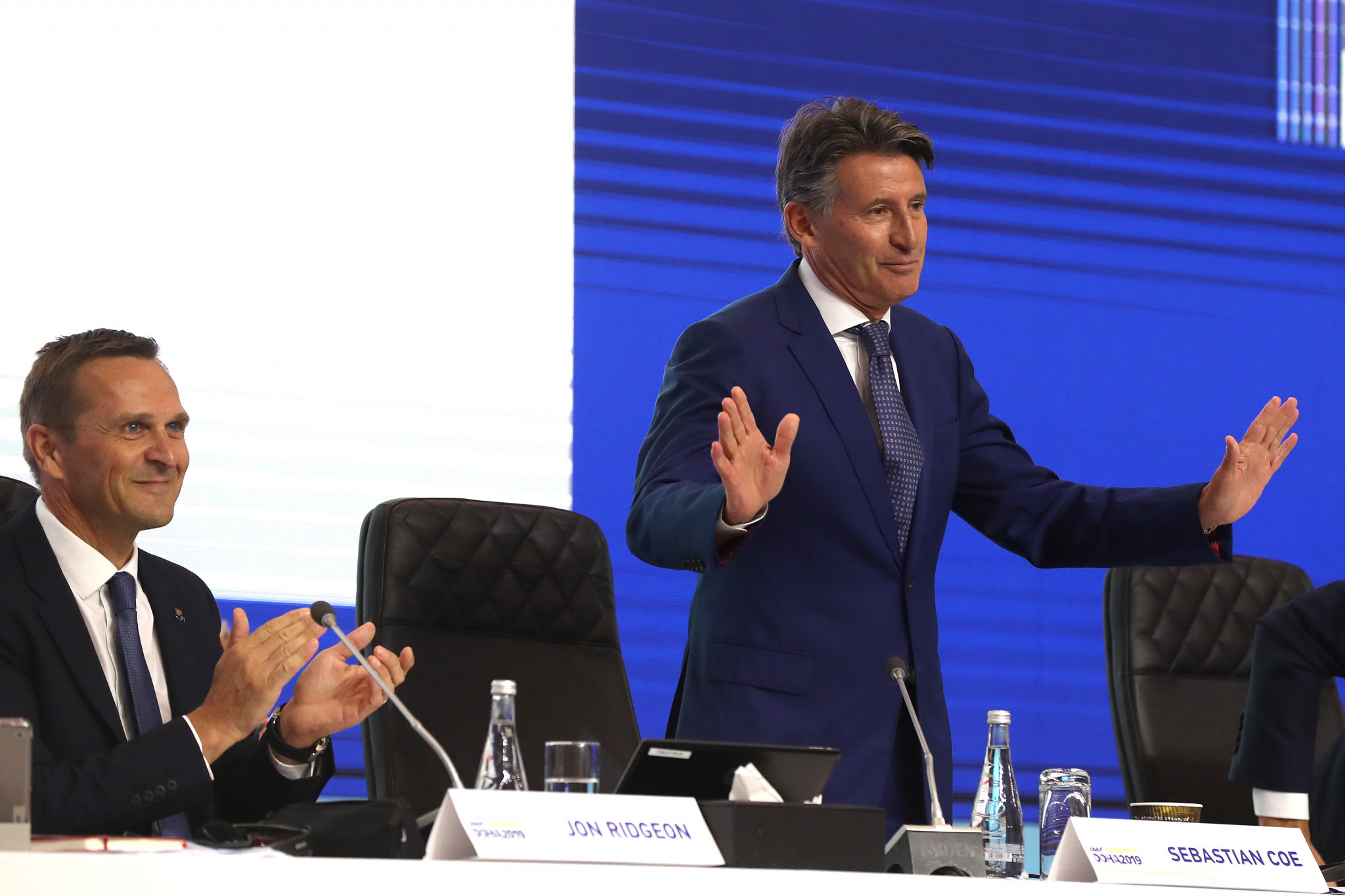 Britain's Sebastian Coe acknowledges the applause of delegates after being re-elected IAAF President ©Getty Images