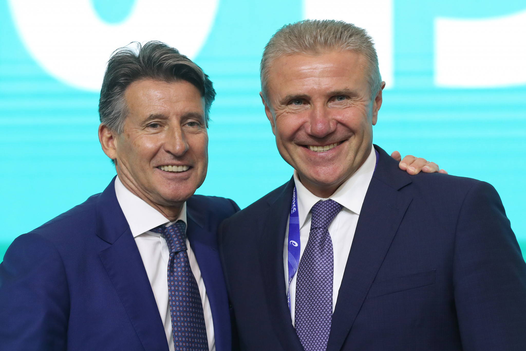 Among the first people to congratulate Sebastian Coe on his re-election as Ukraine's Sergey Bubka, the man he had beaten in Beijing four years ago ©Getty Images